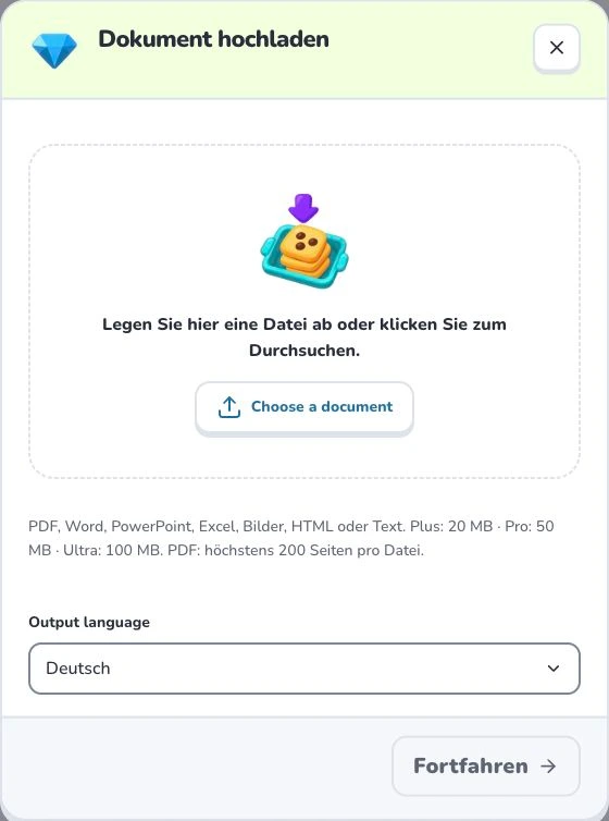 Lernkarten aus Word erstellen — Choose a document · Output language · Fortfahren