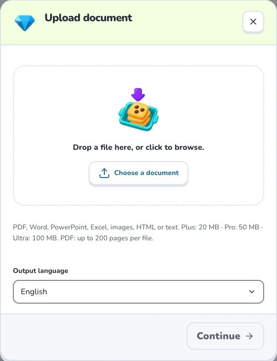 Turn a PDF into flashcards — Choose a document · Output language · Continue