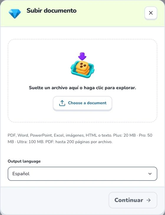 Crear tarjetas a partir de Word — Choose a document · Output language · Continuar