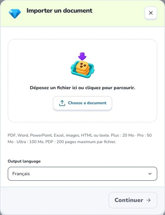 Créer des cartes à partir d’un PDF — Choose a document · Output language · Continuer