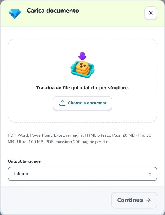 Crea schede da un PDF — Choose a document · Output language · Continua