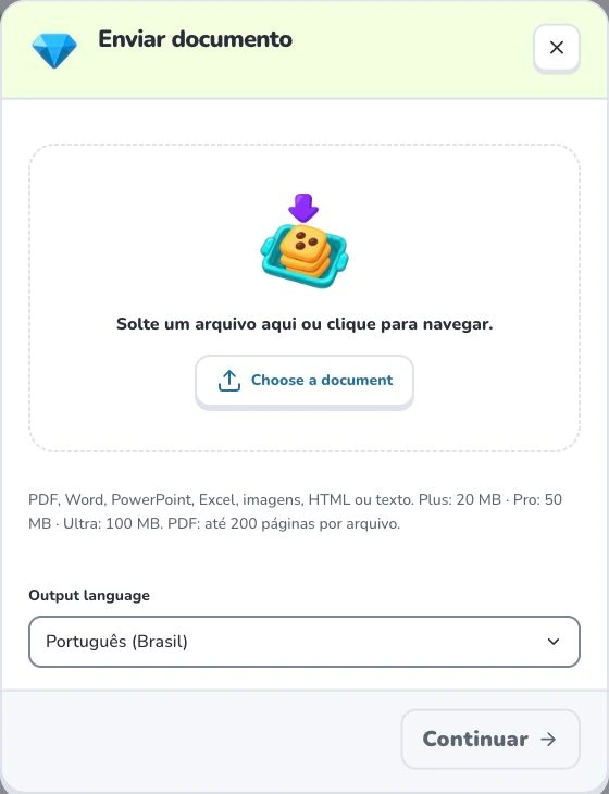 Crie cartões a partir do Word — Choose a document · Output language · Continuar