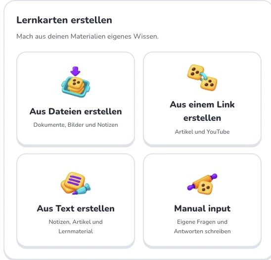 Erste Schritte mit Deckumi — Aus Dateien erstellen · Aus einem Link erstellen · Aus Text erstellen · Manual input
