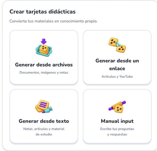 Primeros pasos con Deckumi — Generar desde archivos · Generar desde un enlace · Generar desde texto · Manual input