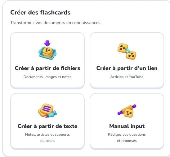 Bien démarrer avec Deckumi — Créer à partir de fichiers · Créer à partir d’un lien · Créer à partir de texte · Manual input