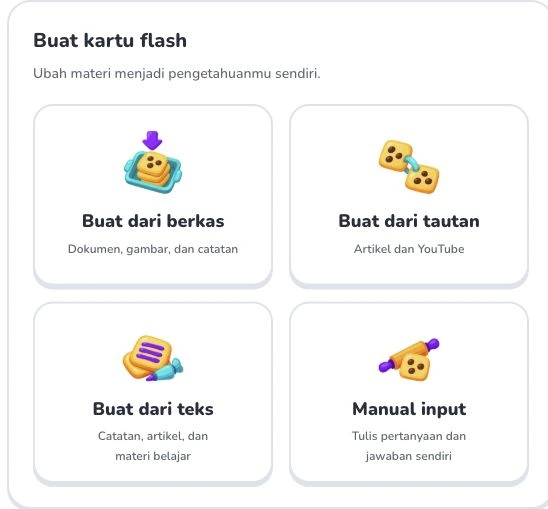 Mulai menggunakan Deckumi — Buat dari berkas · Buat dari tautan · Buat dari teks · Manual input