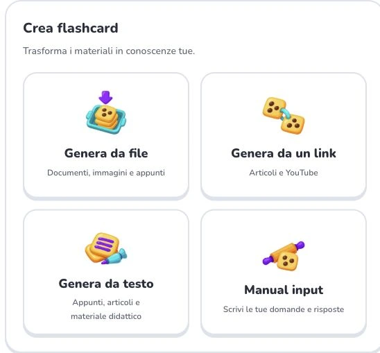 Inizia a usare Deckumi — Genera da file · Genera da un link · Genera da testo · Manual input