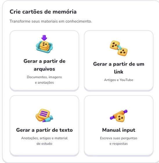 Primeiros passos com Deckumi — Gerar a partir de arquivos · Gerar a partir de um link · Gerar a partir de texto · Manual input