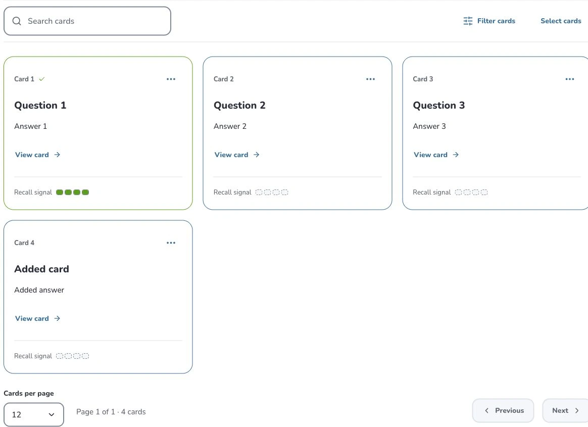 Create and edit flashcards by hand — Search cards · Filter cards · Card actions