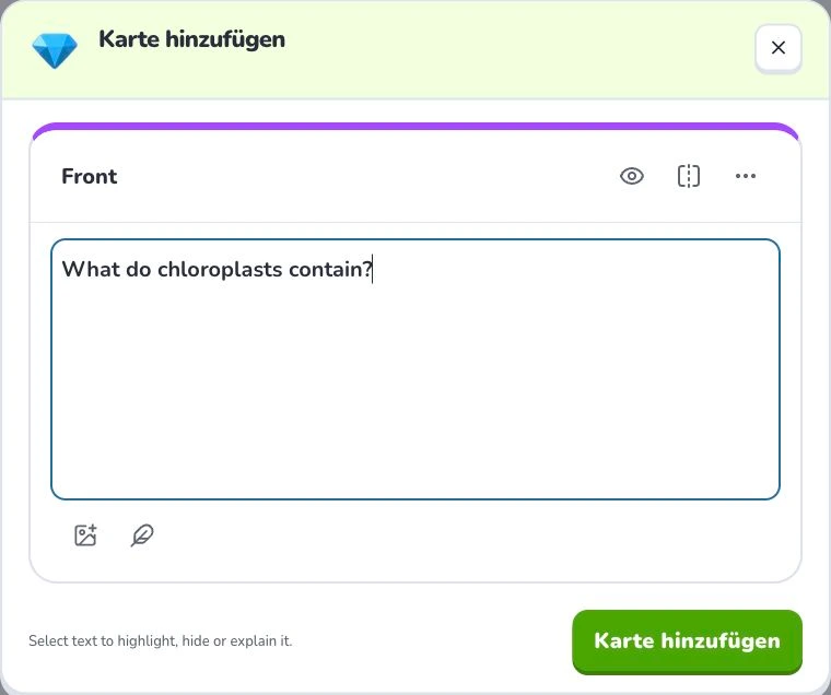 Lernkarten selbst erstellen und bearbeiten — Front content · Notizen · Karte hinzufügen