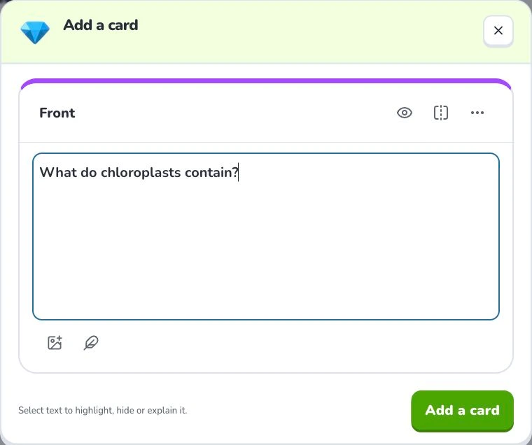 Create and edit flashcards by hand — Front content · Notes · Add a card