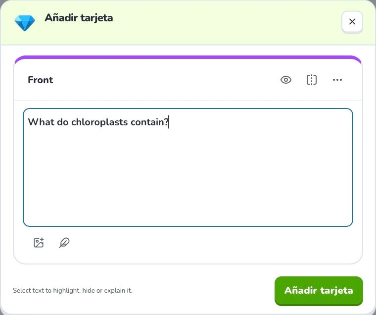 Crear y editar tarjetas manualmente — Front content · Notas · Añadir tarjeta