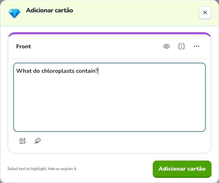 Crie e edite cartões manualmente — Front content · Notas · Adicionar cartão