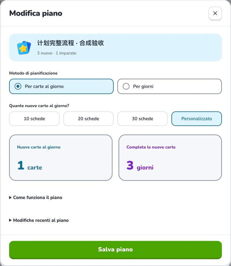 Crea un piano e segui le attività quotidiane — Metodo di pianificazione · Tempo rimanente stimato · Salva piano