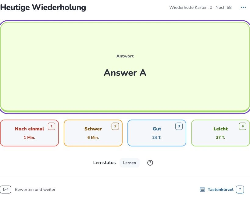 Erste Schritte mit Deckumi — Heutige Wiederholung · Erinnerung bewerten · Lernstatus