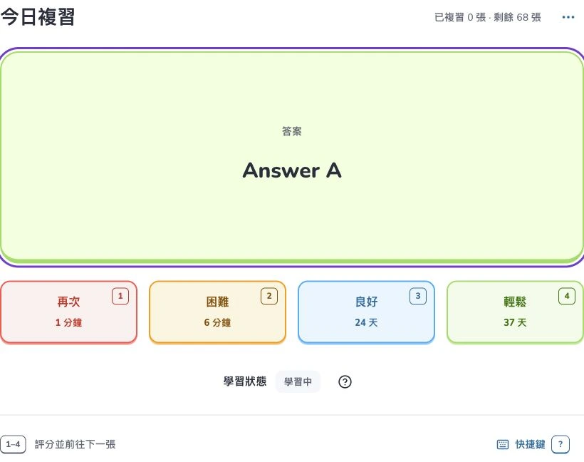 Deckumi 快速入門 — 今日複習 · 評價本次回想 · 學習狀態