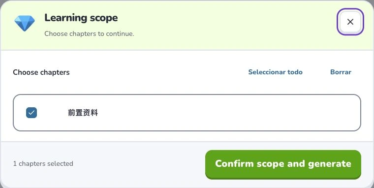 Primeros pasos con Deckumi — Learning scope · Seleccionar todo · Confirm scope and generate