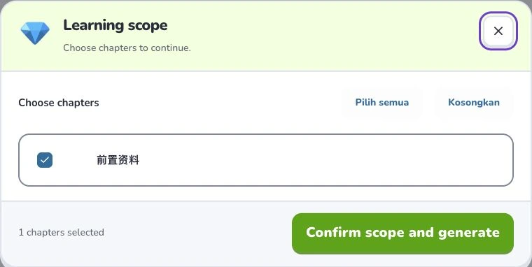 Mulai menggunakan Deckumi — Learning scope · Pilih semua · Confirm scope and generate