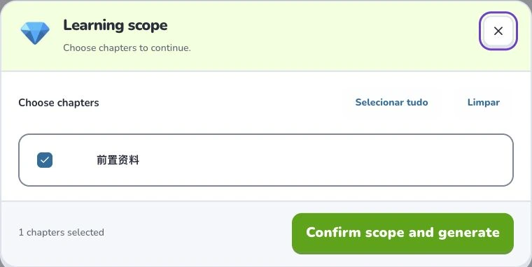 Primeiros passos com Deckumi — Learning scope · Selecionar tudo · Confirm scope and generate