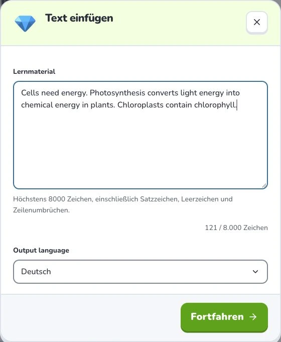 Text und Notizen in Lernkarten umwandeln — Lernmaterial · Output language · Fortfahren