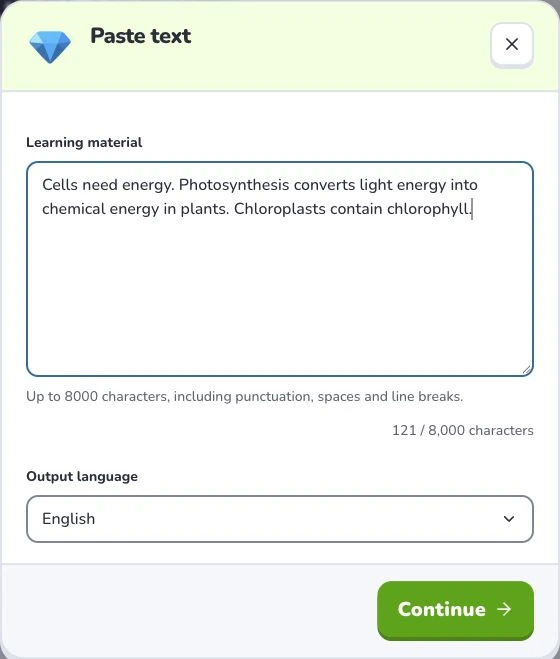 Turn text and notes into flashcards — Learning material · Output language · Continue