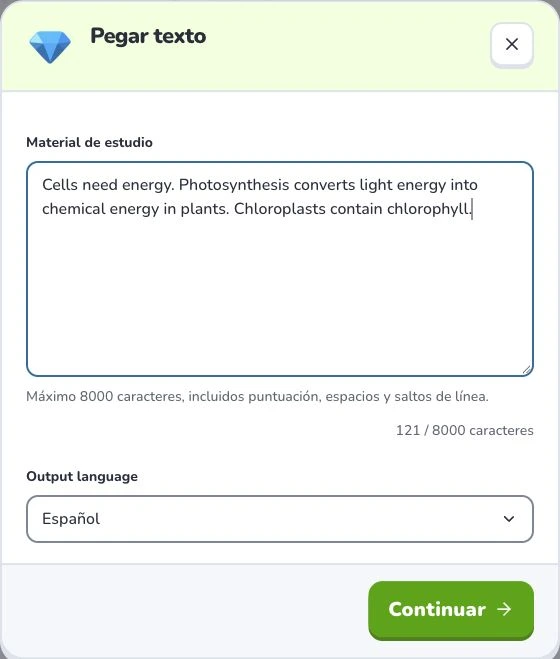 Convertir texto y apuntes en tarjetas — Material de estudio · Output language · Continuar