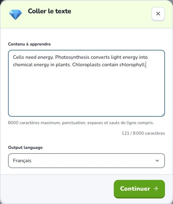 Transformer du texte et des notes en cartes — Contenu à apprendre · Output language · Continuer