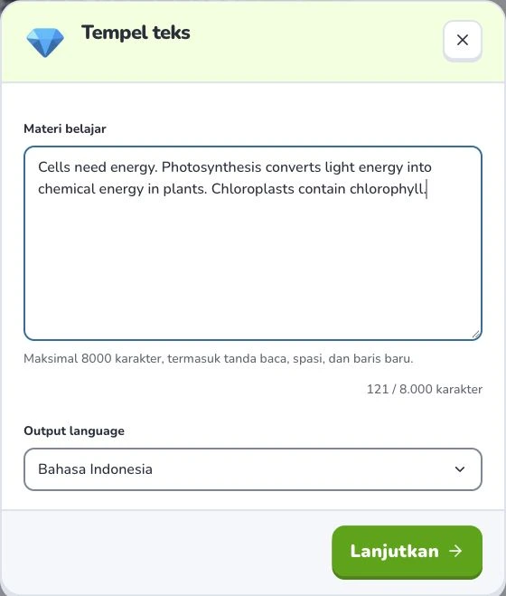 Ubah teks dan catatan menjadi kartu — Materi belajar · Output language · Lanjutkan