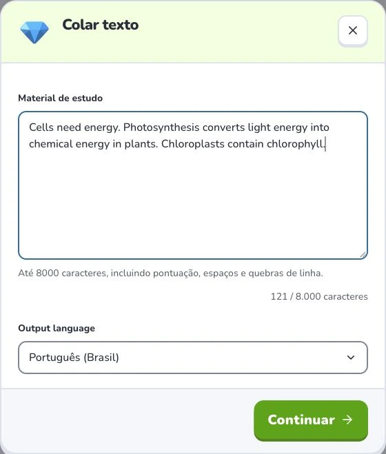 Transforme textos e anotações em cartões — Material de estudo · Output language · Continuar