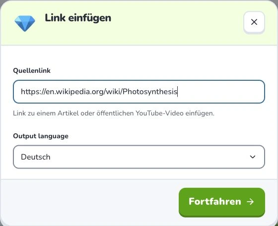 Lernkarten aus Weblinks erstellen — Quellenlink · Output language · Fortfahren