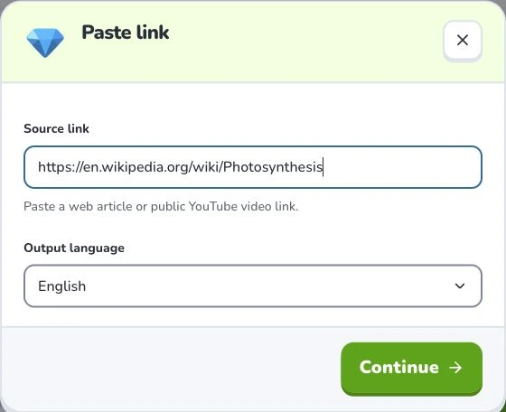 Turn a web link into flashcards — Source link · Output language · Continue