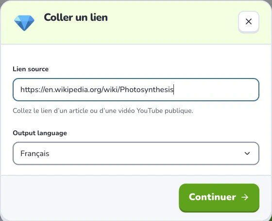 Créer des cartes depuis un lien Web — Lien source · Output language · Continuer