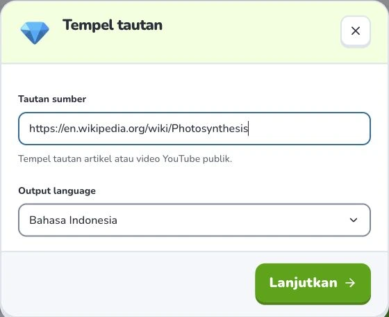 Buat kartu dari tautan Web — Tautan sumber · Output language · Lanjutkan
