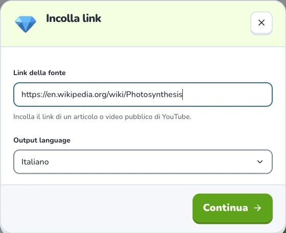 Crea schede da un link Web — Link della fonte · Output language · Continua