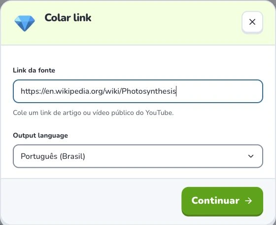 Crie cartões a partir de links da Web — Link da fonte · Output language · Continuar