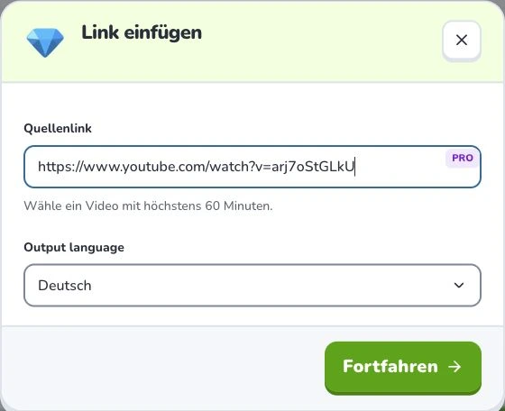 Lernkarten aus YouTube erstellen — Quellenlink · Output language · Fortfahren