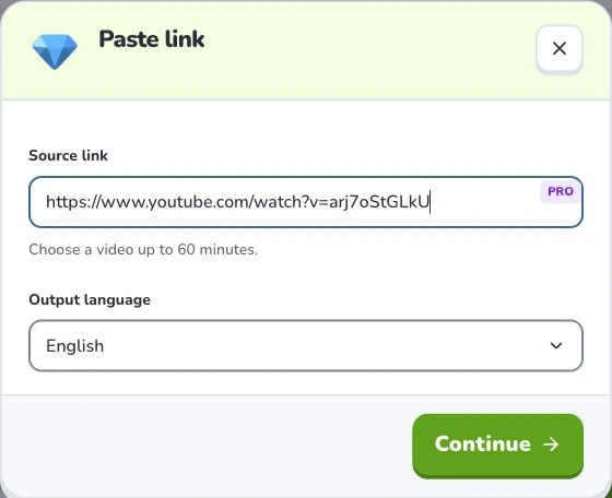 Turn a YouTube video into flashcards — Source link · Output language · Continue
