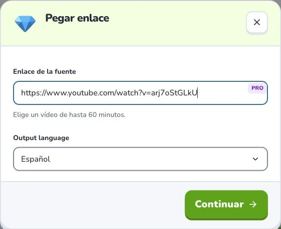Crear tarjetas desde YouTube — Enlace de la fuente · Output language · Continuar