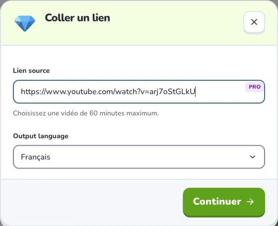 Créer des cartes depuis YouTube — Lien source · Output language · Continuer