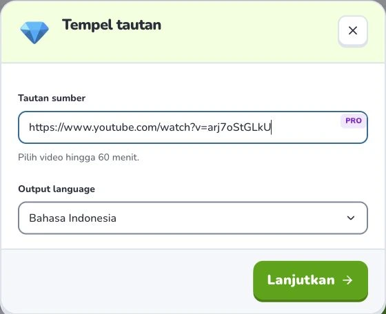 Buat kartu dari YouTube — Tautan sumber · Output language · Lanjutkan