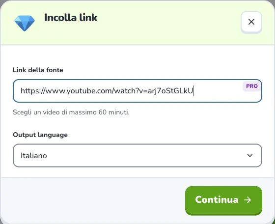 Crea schede da YouTube — Link della fonte · Output language · Continua