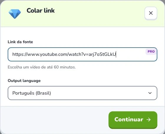 Crie cartões a partir do YouTube — Link da fonte · Output language · Continuar